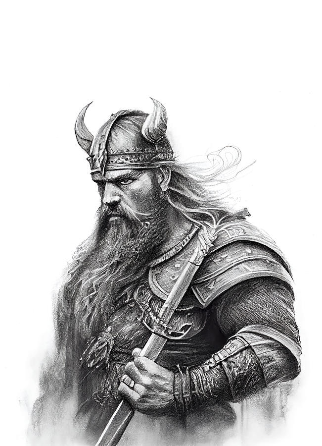 Viking God Odin Wotan In Art Black Drawn In Charcoal Ink And Pen 