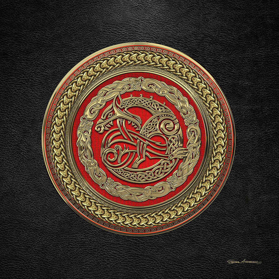 Viking Protection Talisman - Norse Dragon in Gold on Red over Black Leather Digital Art by Serge Averbukh