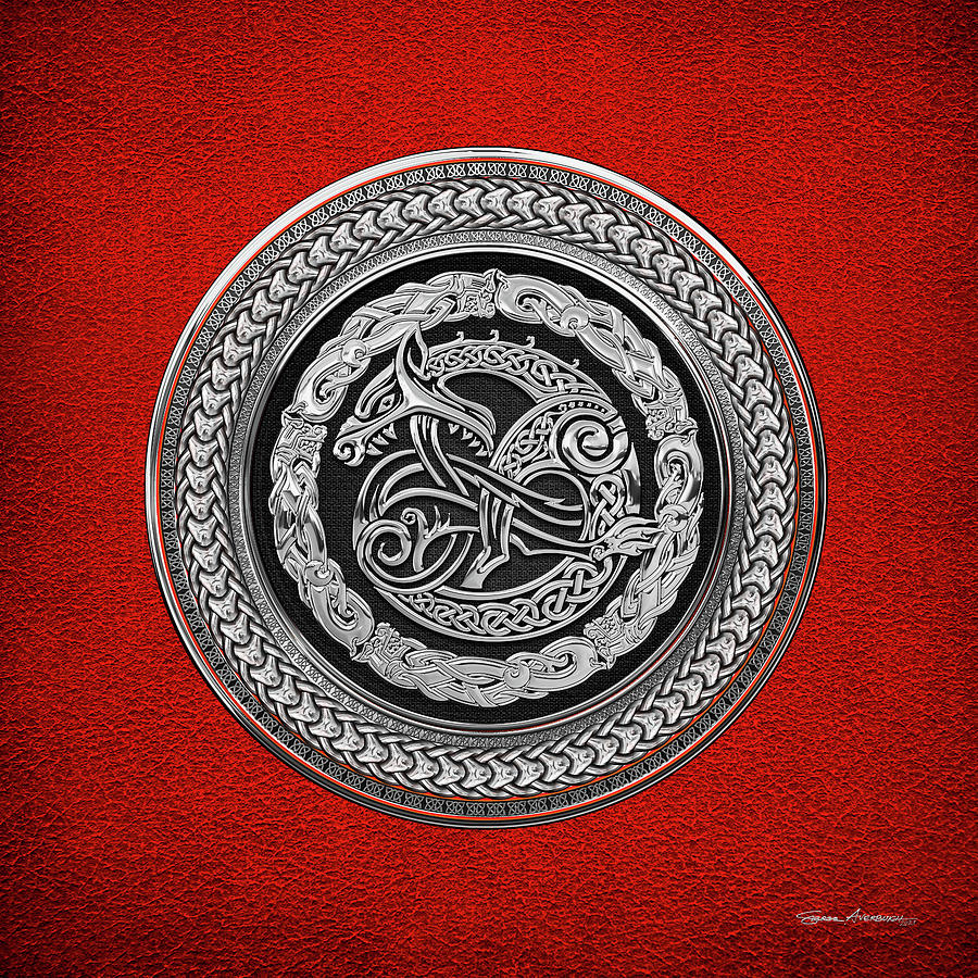 Viking Protection Talisman - Norse Dragon in Silver on Black over Red Leather Digital Art by Serge Averbukh