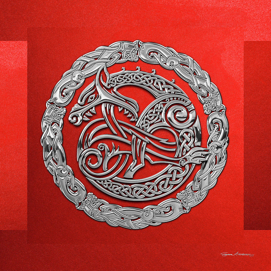 Viking Protection Talisman - Norse Dragon in Silver on Red Digital Art by Serge Averbukh