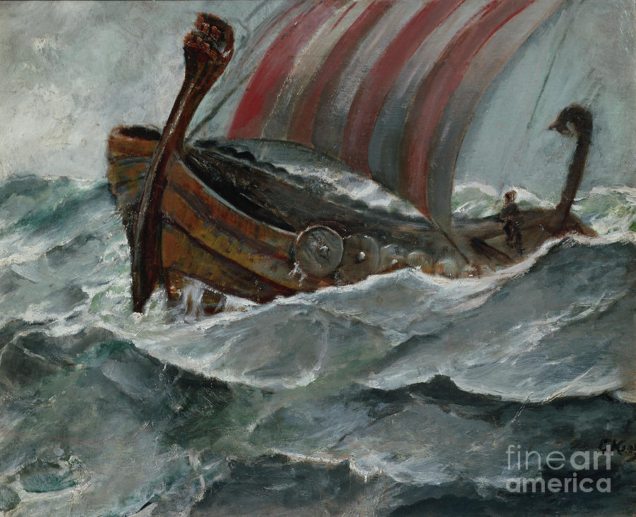 Viking ship in bad weather Painting by O Vaering by Christian Krohg