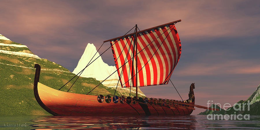 Viking Ship in Fjord Digital Art by Corey Ford