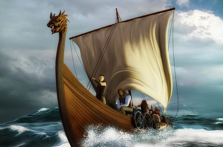 Viking Ship On The Sea By Vlastimil Sestak, Viking Sea