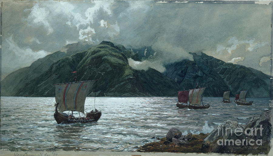 Viking ship under sail at Sognefjorden, 1889 Painting by Hans Gude