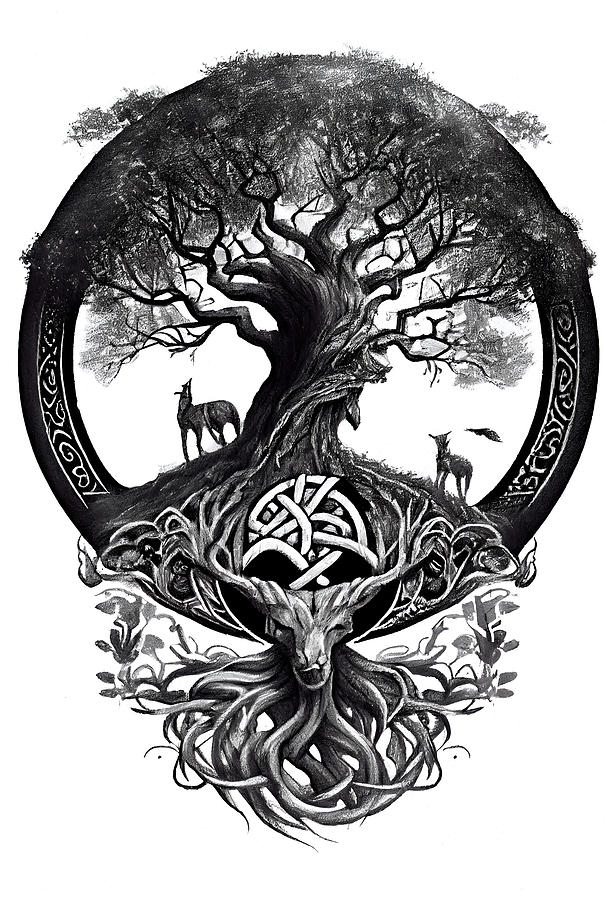 Magic Drawing - Viking world tree Yggdrasil in Art black drawn in Charcoal Ink a by Art Momente