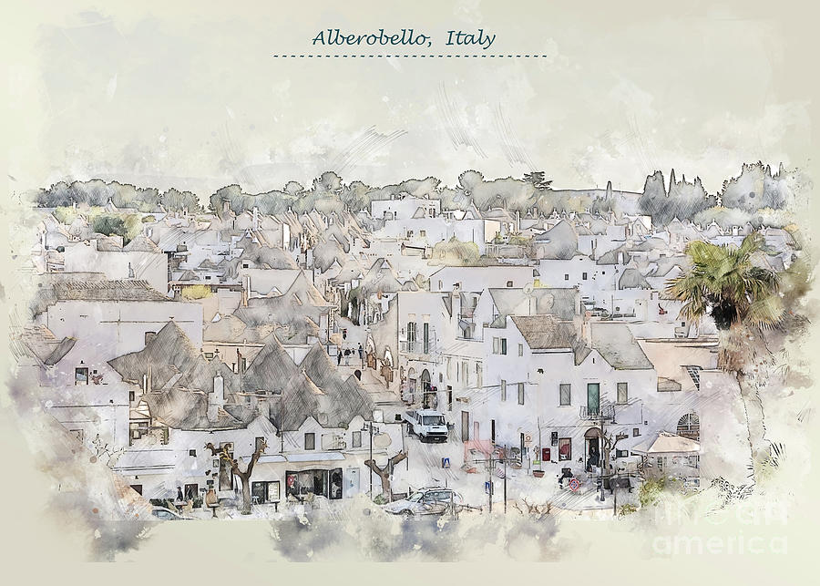 village Alberobello, Italy  in watercolor sketch style Digital Art by Ariadna De Raadt