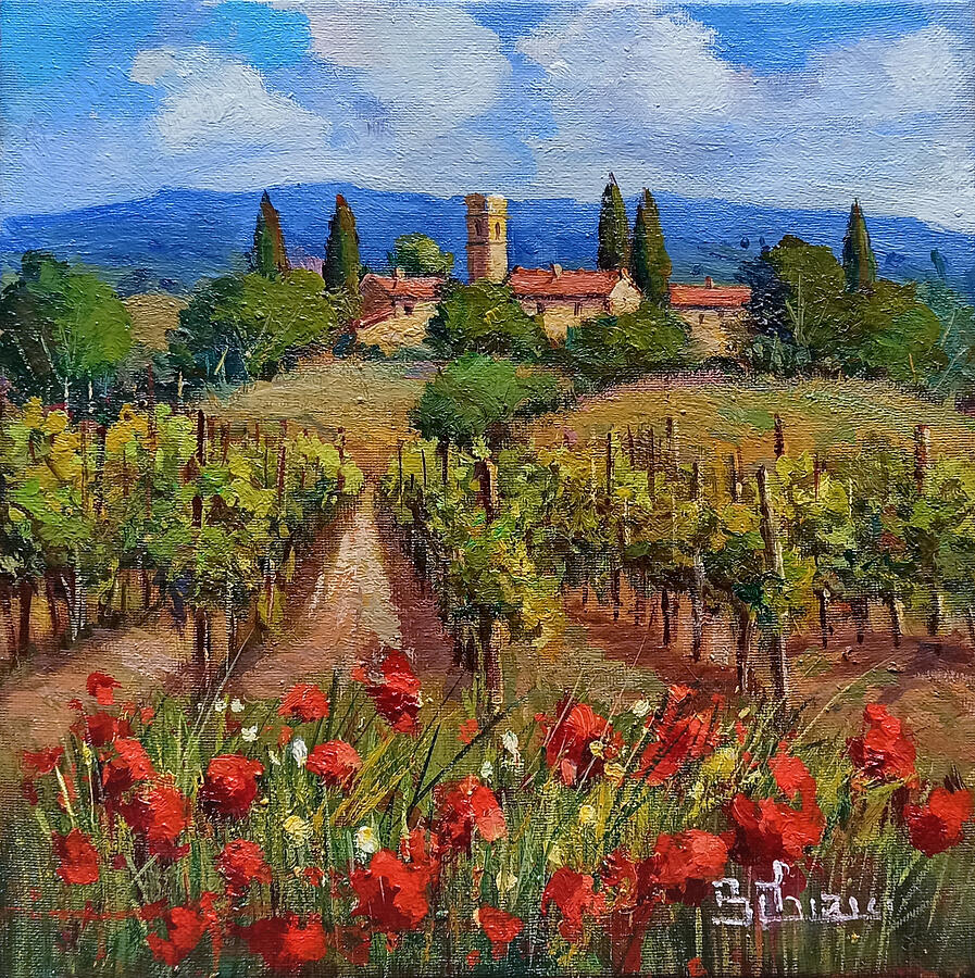 Village and flowery vineyard - Tuscany landscape painting Painting by ...