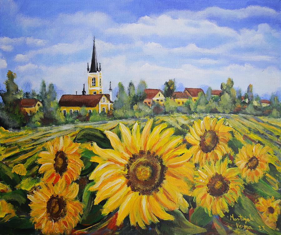 Village and sunflowers Painting by Vesna Martinjak