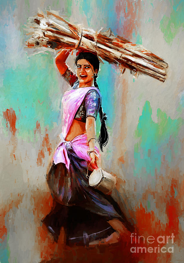 Nature Painting - Village Female carrying woods  by Gull G