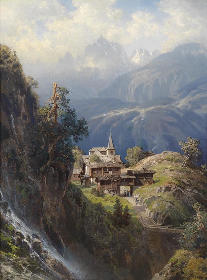 Adolf Painting - Village In The Bernese Alps by Adolf Mosengel