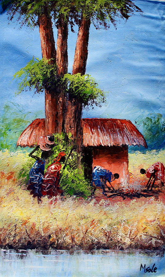 Village Life - Msole Painting by Steven Kiswanta