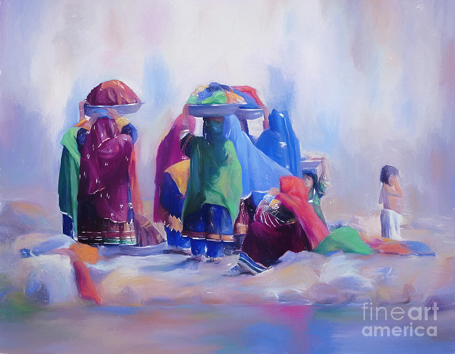 Nature Painting - Village life women washing clothes  by Gull G