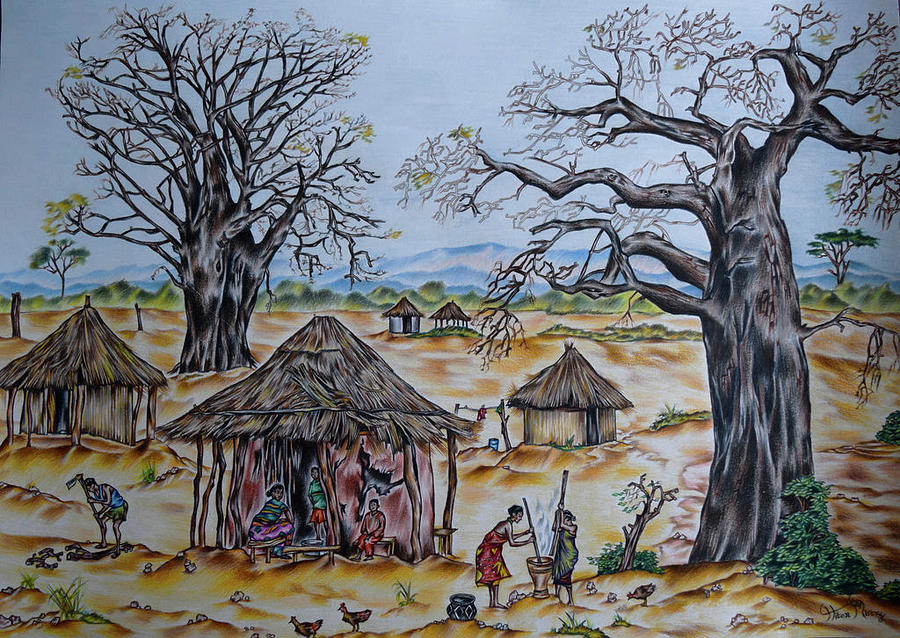 Village Scenery Drawing By Hiten Mistry Fine Art America