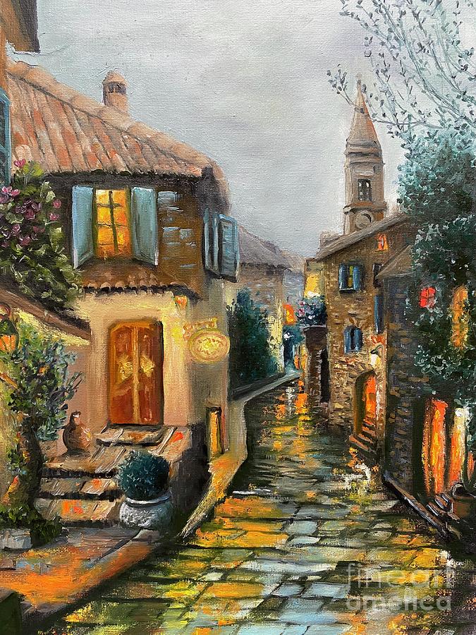 Village street at dusk Painting by Sharron Knight