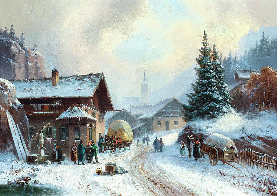 Vintage Painting - Village Street in Winter by Anton Doll 1887 by Anton Doll