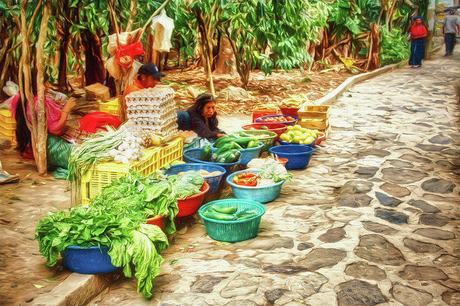 Village street market in Guatemala - Colored Pencil Mixed Media by Tatiana Travelways
