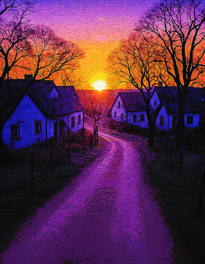 Village street with a winding road at sunset - digital painting Digital Art by Nicko Prints Village street with a winding road at sunset - digital painting Digital Art by Nicko Prints
