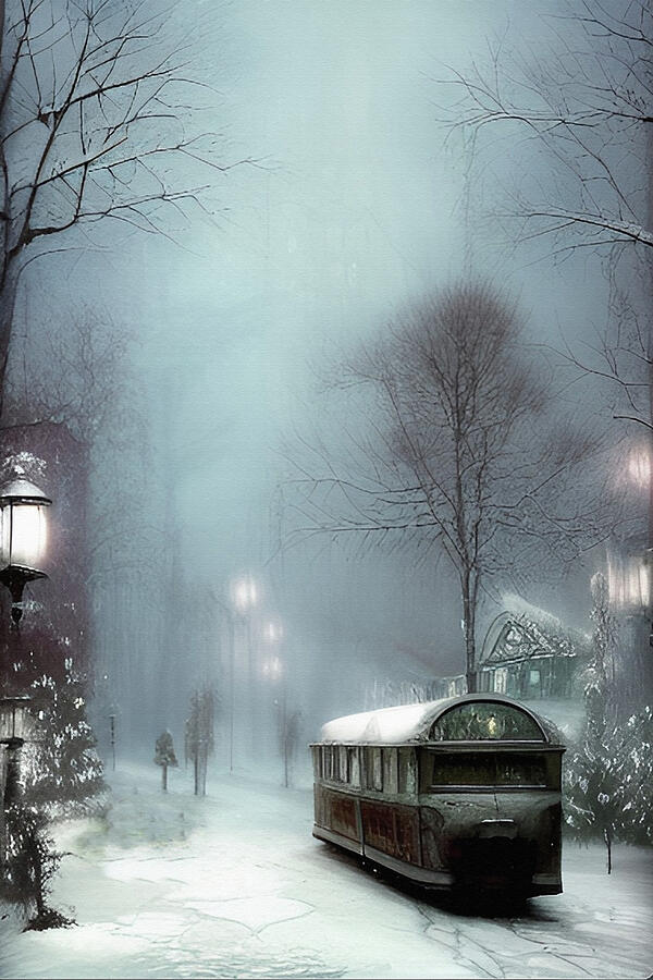 Village Trolley Car in Winter Digital Art by David Dehner