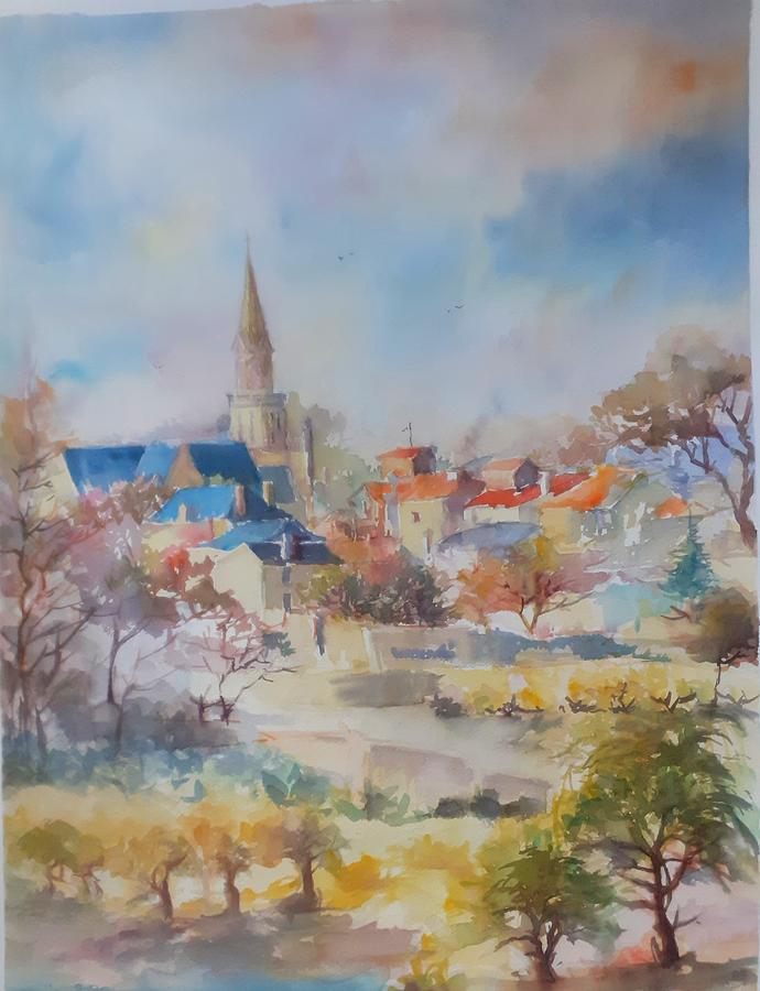 Village un France Painting by Kim PARDON