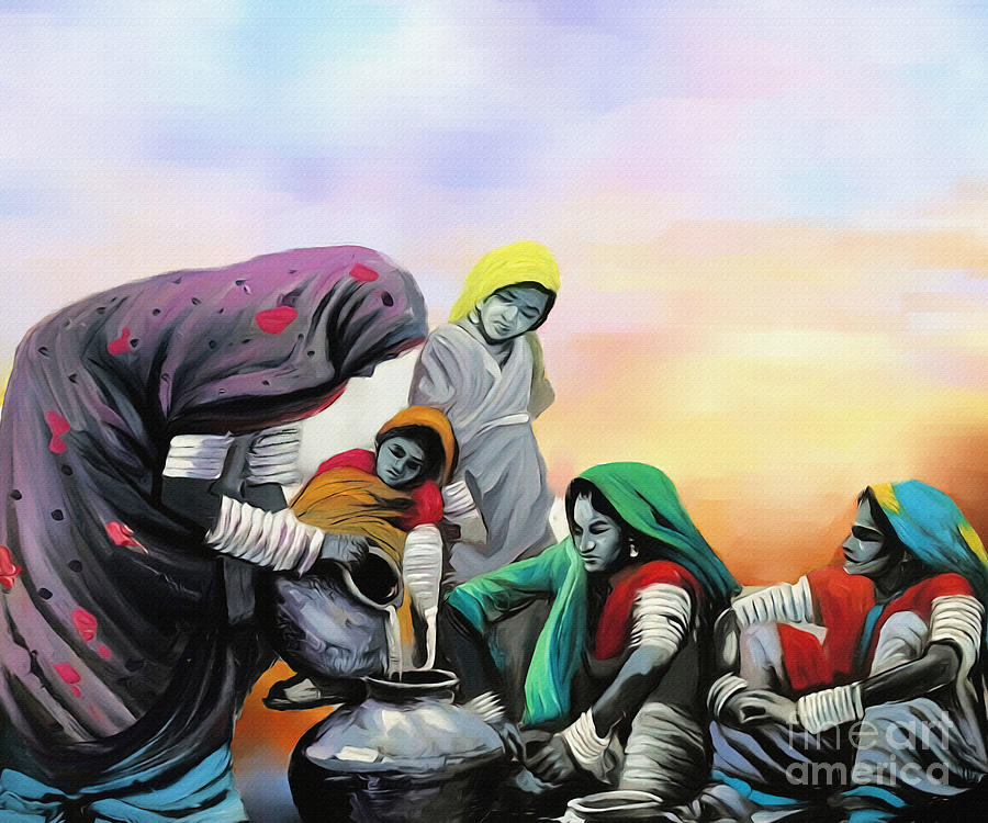 Rajasthan Painting - Village Women pouring water  by Gull G