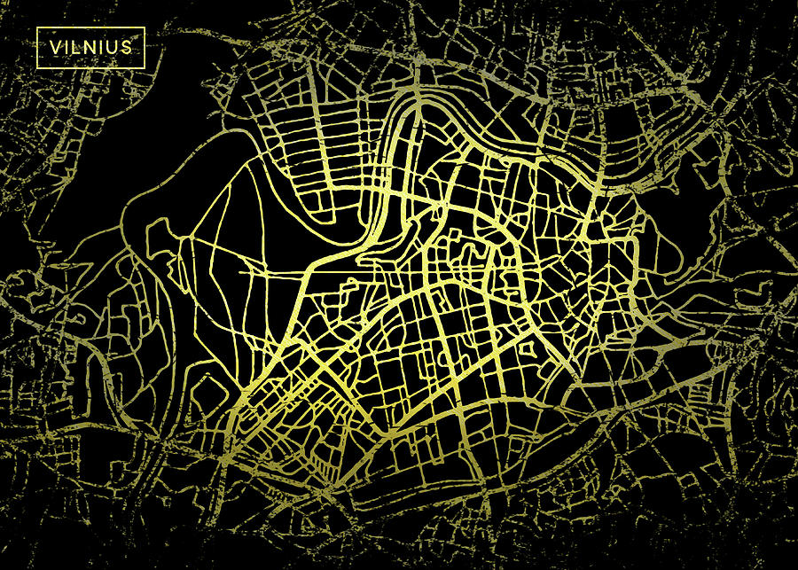 Vilnius Map in Gold and Black Digital Art by Sambel Pedes