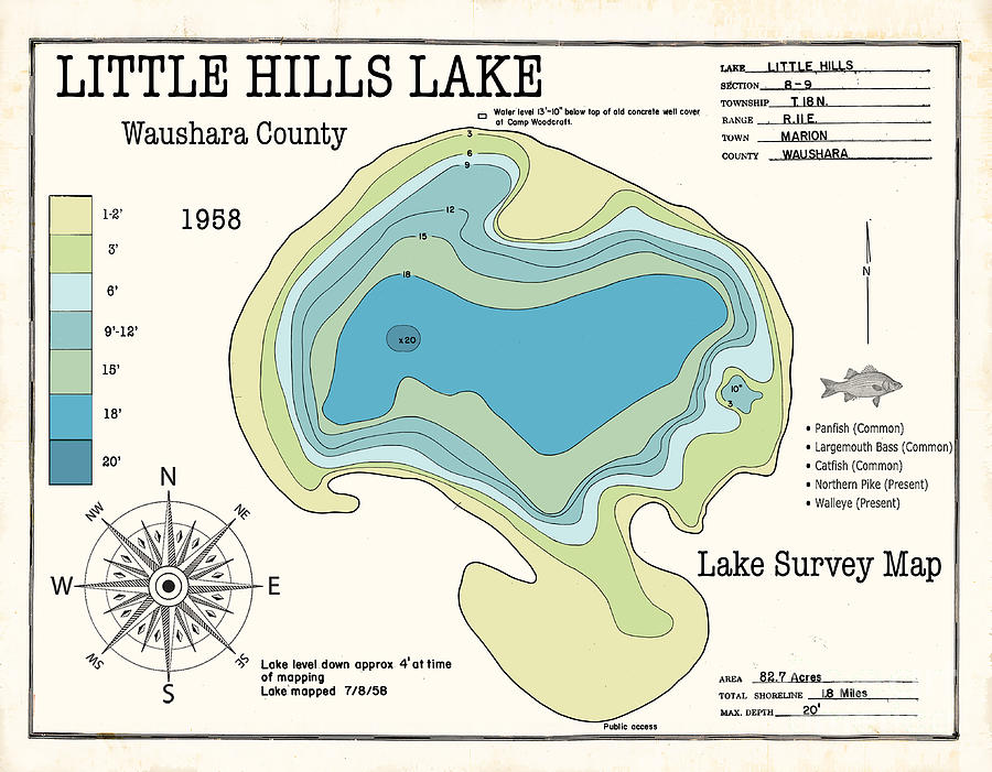 Vinatge Little Hills Lake-WI Map Digital Art by Jean Plout