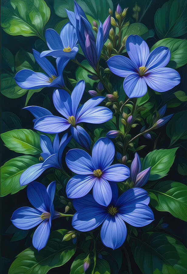 Vibrant Blue Flowers in Foliage Digital Art - Vinca Wall Art Floral Oil Painting by Vintage Wall Art