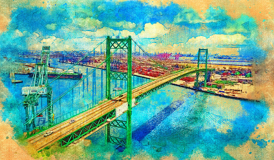 Vincent Thomas Bridge, Los Angeles, California - canvas texture Digital Art by Nicko Prints
