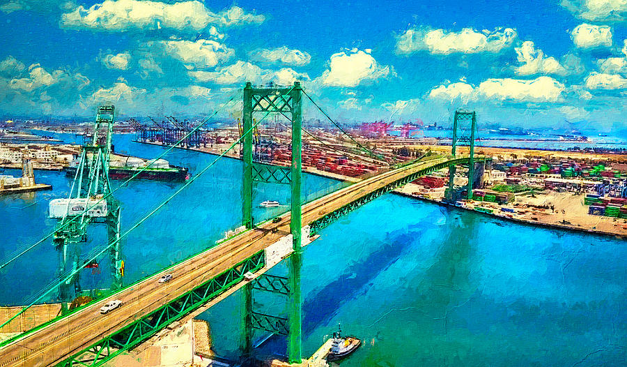 Vincent Thomas Bridge, Los Angeles, California - digital painting Digital Art by Nicko Prints