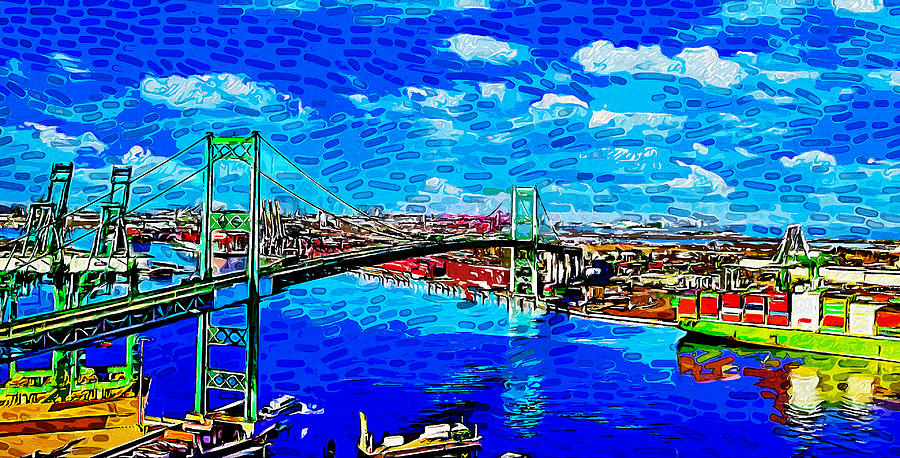 Vincent Thomas Bridge, Los Angeles, California - impressionist painting Digital Art by Nicko Prints