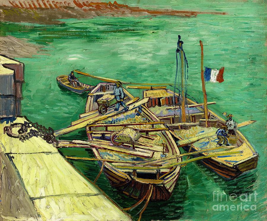 Vincent van Gogh  - Quay with men unloading sand barges Painting by Alexandra Arts