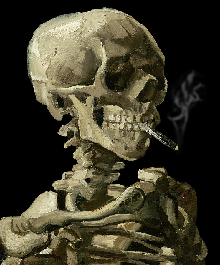 Vincent Van Gogh Skeleton Smoking T-Shirt Painting by Tony Rubino