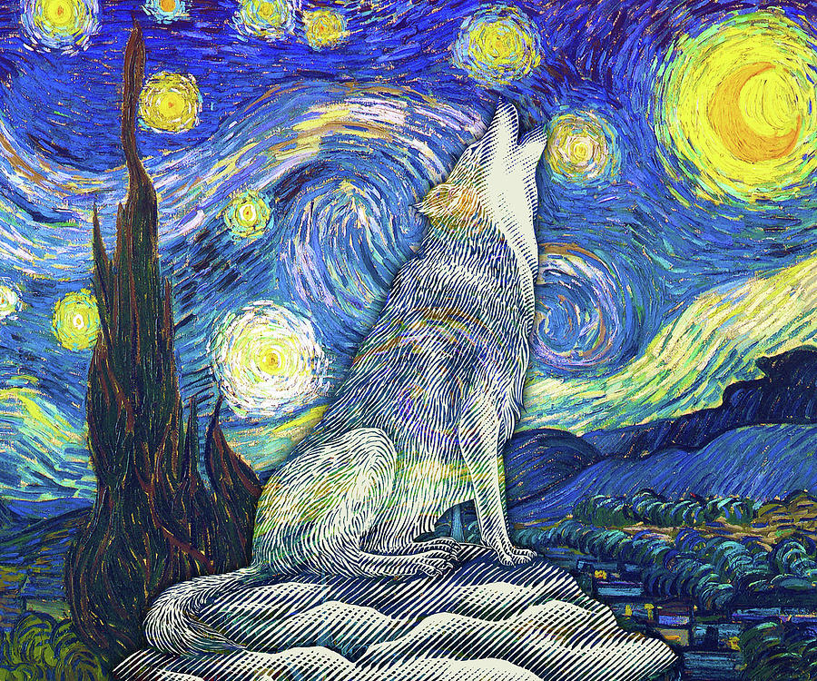 Vincent van Gogh Starry Night Painting Wolf Howling Painting by Tony Rubino