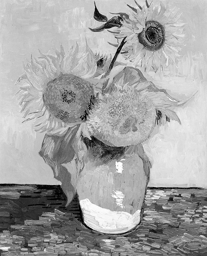 Vincent van Goghs Vase with Three Sunflowers 1888 BW Painting by Bob Pardue