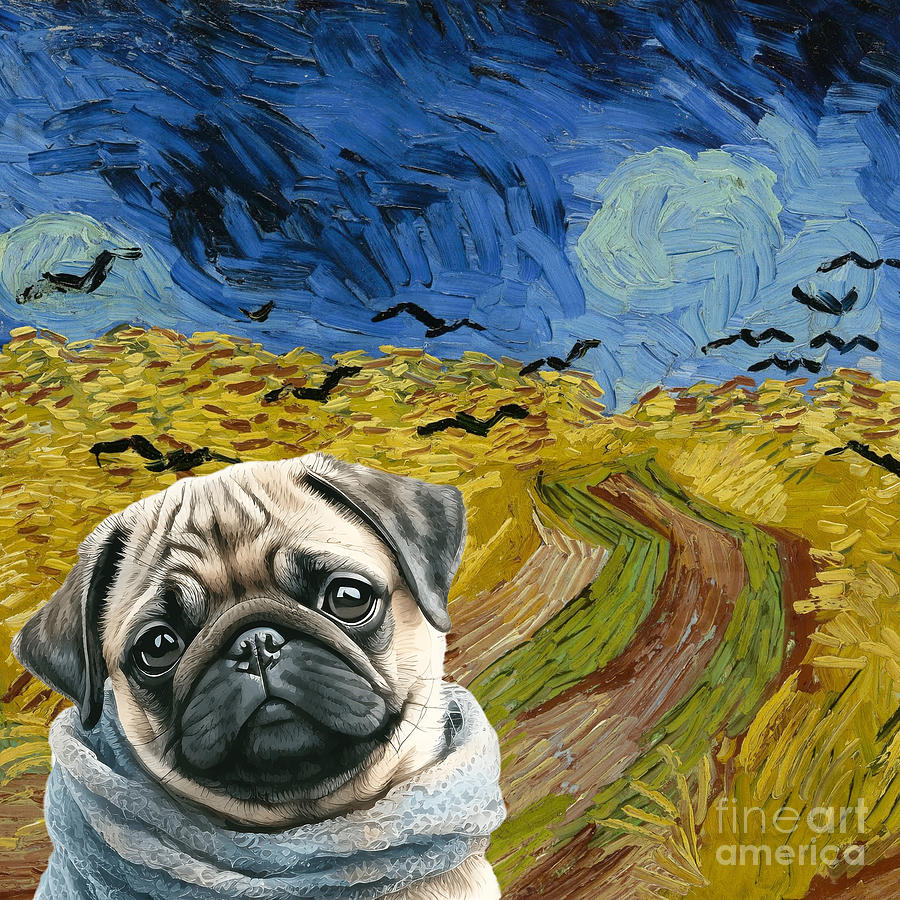 Vincet The Pug Visits Gogh S Wheat Field With Crows Painting Digital