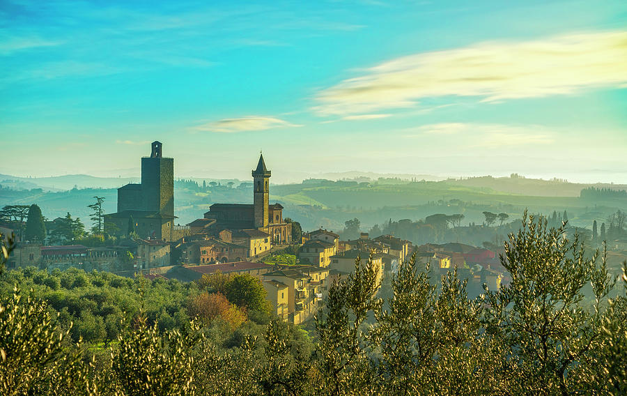 Vinci, Leonardo birthplace, village skyline and olive trees. Flo Photograph by Stefano Orazzini