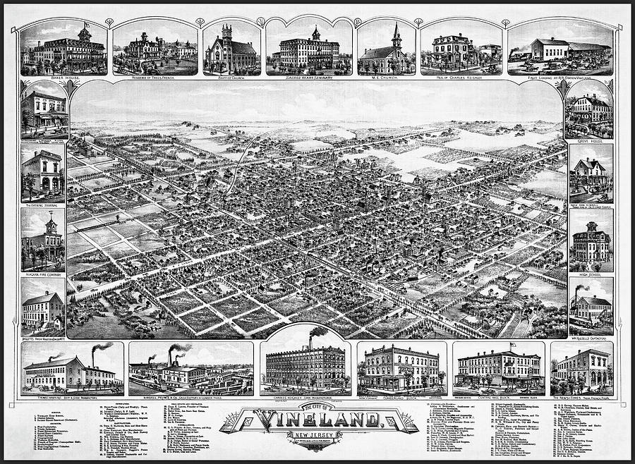 New Jersey Map Photograph - Vineland New Jersey Vintage Map Birds Eye View 1885 Black and White by Carol Japp