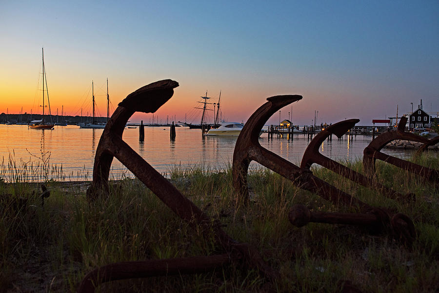 Vineyard Haven Tisbury MA Rusty Anchors  and Beautiful Boats Marthas Vineyard Sunset Glow Photograph by Toby McGuire