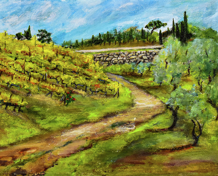 Vineyard Road - Tuscany, Italy en plein air Painting by Morri Sims