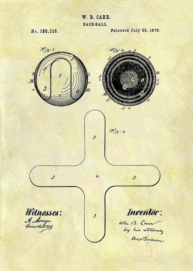 Vintage 1876 Baseball Patent Drawing Drawing