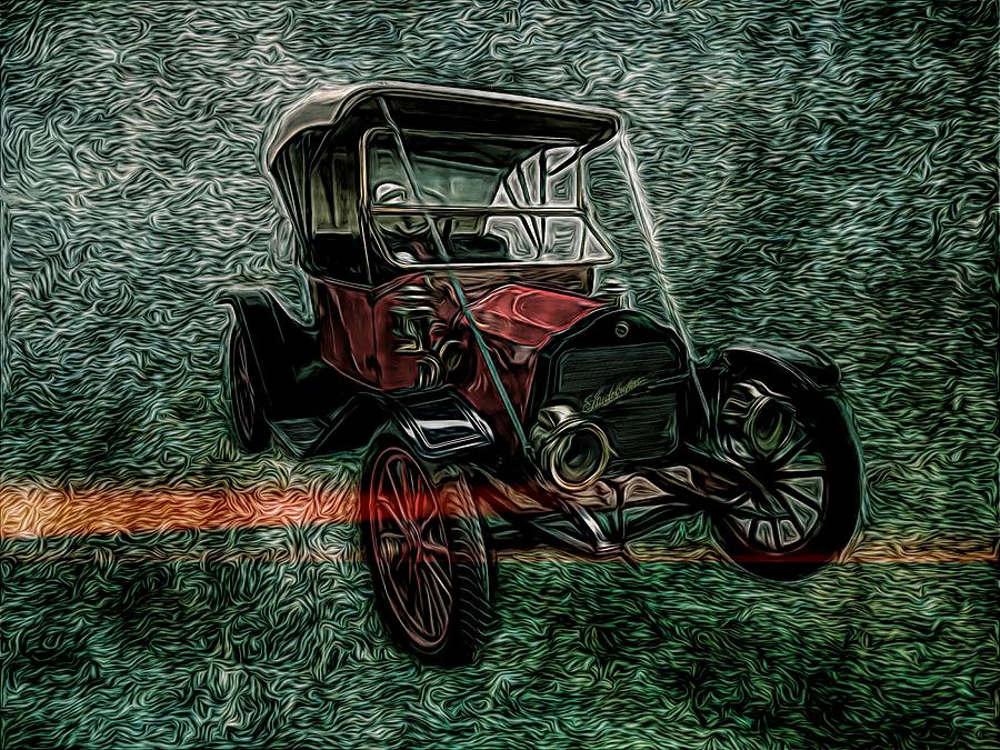 Vintage 1908 Studebaker Soft Top Motorcar Red Mixed Media by Joan Stratton