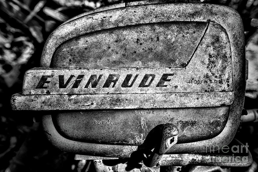 Vintage 1955 Evinrude Outboard seen better days black and white Photograph by Paul Ward