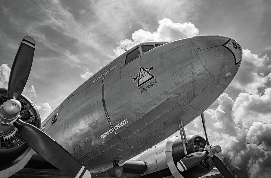 Vintage Airplane Propellors Flight Clouds Black White Print Photograph 