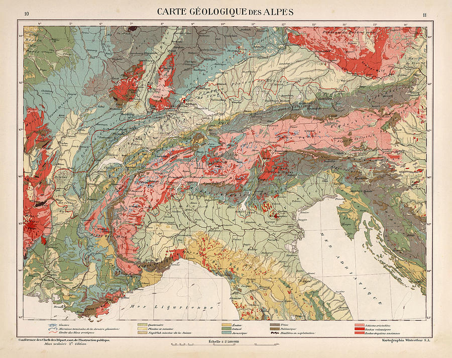 Vintage Alps Geology Map 1921 Vintage Swiss Mountain Range Geologic Atlas Drawing by Adam Shaw