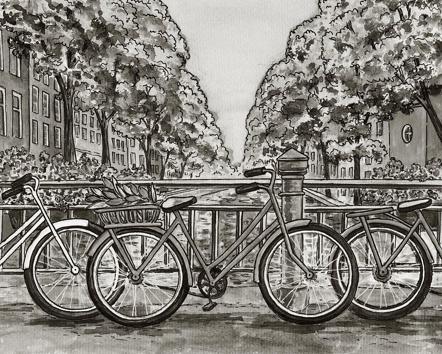 Vintage Painting - Vintage Amsterdam Bicycles On The Bridge Netherlands Watercolor  by Irina Sztukowski