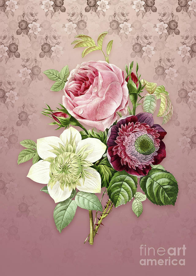 Vintage Anemone Rose Botanical Art on Dusty Pink Pattern n.3801 Mixed Media by Holy Rock Design