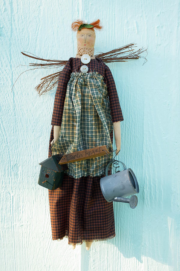 Earth Angel with Watering Can and Bird House, Vintage Antique Primitive Handmade Doll  Sculpture by Kathy Anselmo