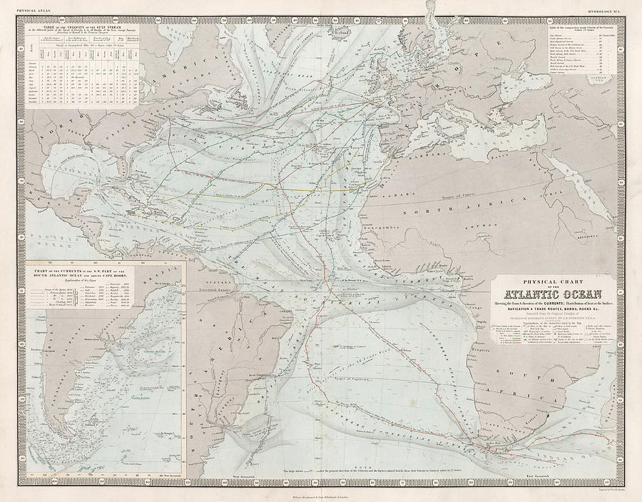 Vintage Atlantic Ocean Exploration Routes Map 1850 Drawing by Adam Shaw