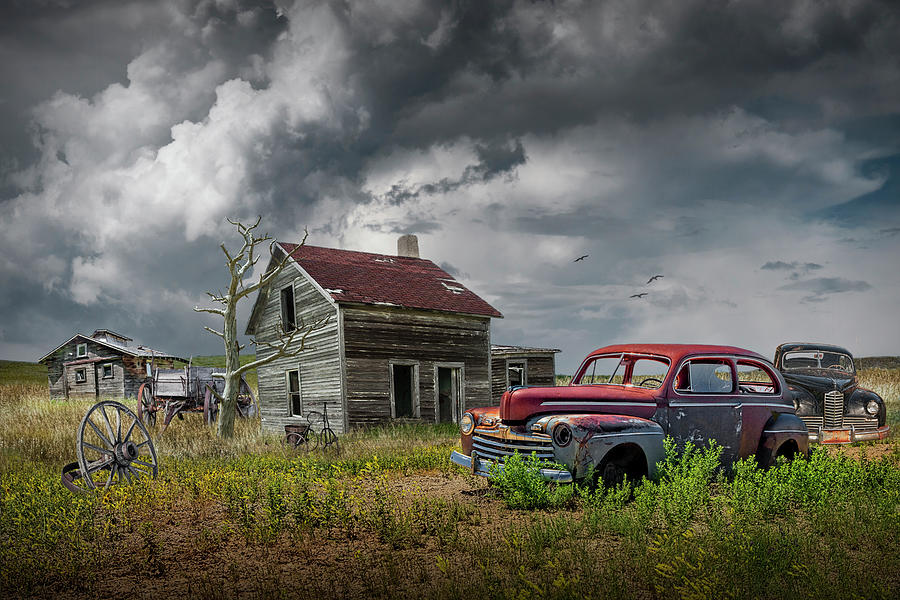 Vintage Automobiles with Farmhouse and Barn on a Abandoned Farm Photograph by Randall Nyhof