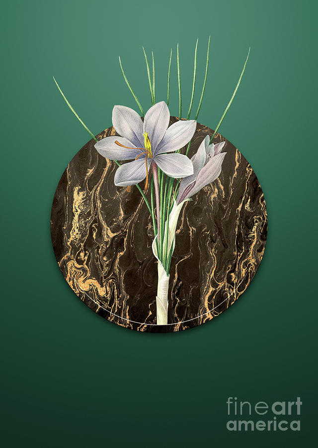 Vintage Autumn Crocus Art in Gilded Marble on Dark Spring Green Painting by Holy Rock Design